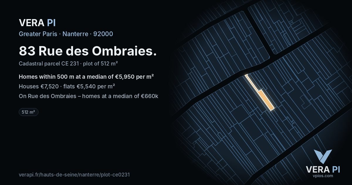 83 Rue des Ombraies, Nanterre at night – the plot lit, the parcels around coloured by the prices near them