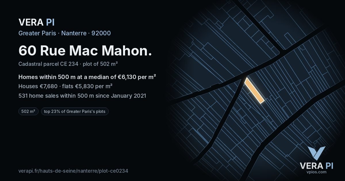 60 Rue Mac Mahon, Nanterre at night – the plot lit, the parcels around coloured by the prices near them