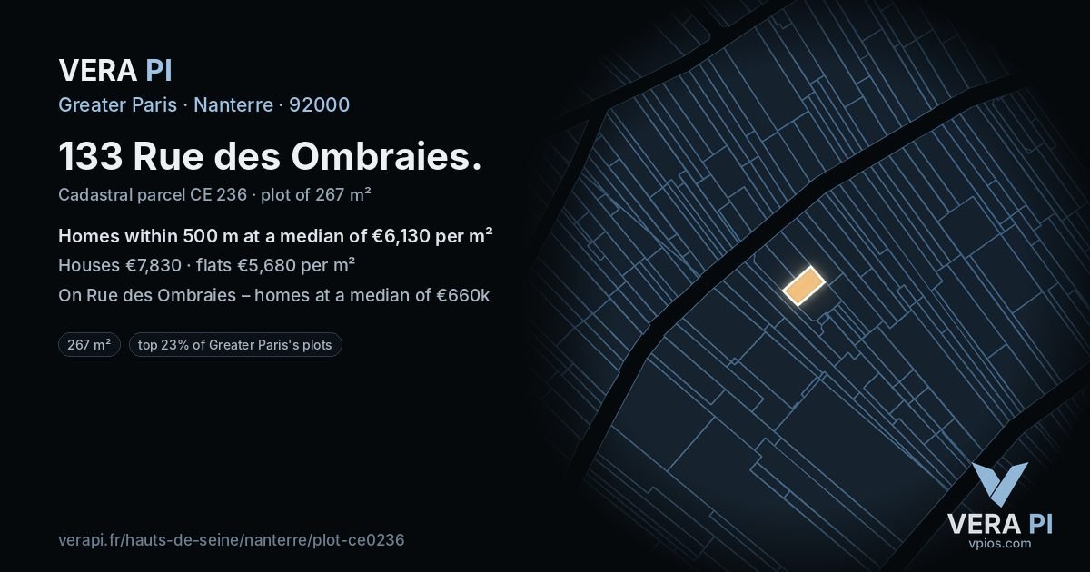 133 Rue des Ombraies, Nanterre at night – the plot lit, the parcels around coloured by the prices near them