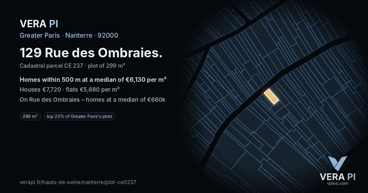 129 Rue des Ombraies, Nanterre at night – the plot lit, the parcels around coloured by the prices near them