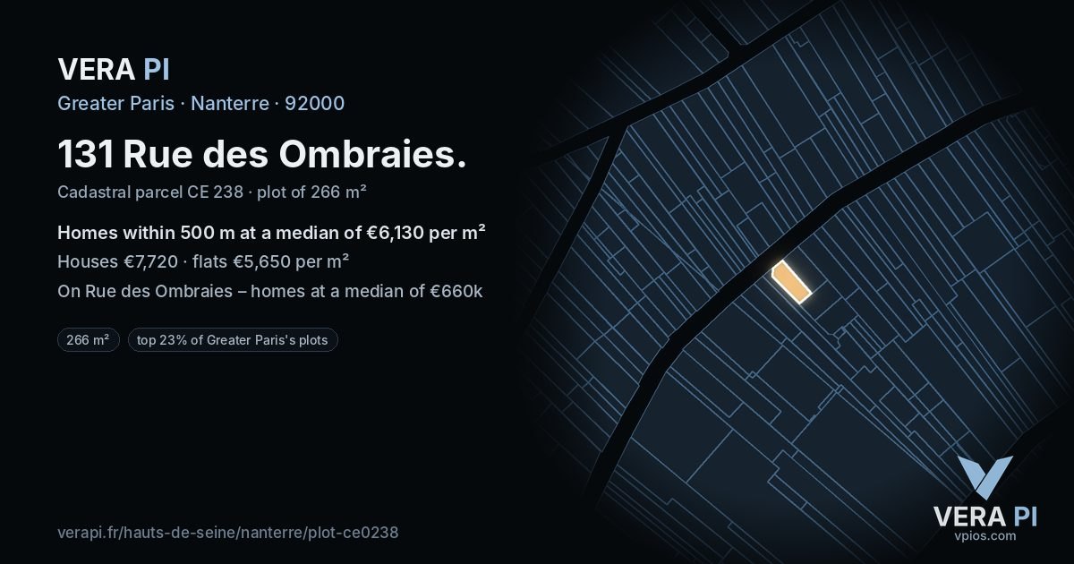 131 Rue des Ombraies, Nanterre at night – the plot lit, the parcels around coloured by the prices near them