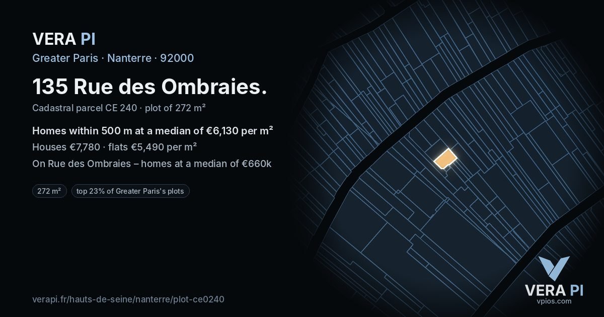 135 Rue des Ombraies, Nanterre at night – the plot lit, the parcels around coloured by the prices near them