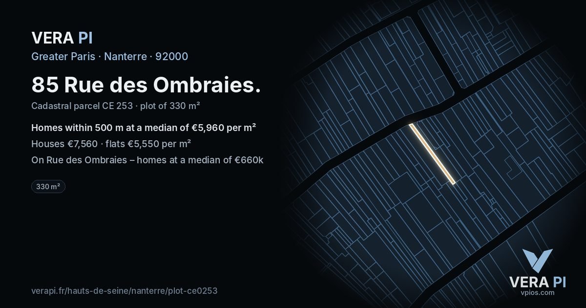 85 Rue des Ombraies, Nanterre at night – the plot lit, the parcels around coloured by the prices near them
