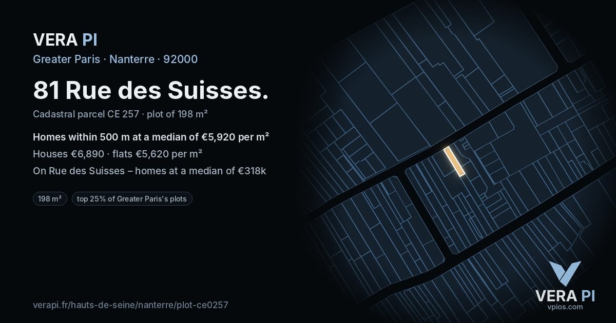 81 Rue des Suisses, Nanterre at night – the plot lit, the parcels around coloured by the prices near them