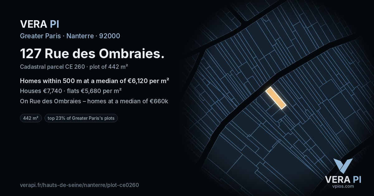 127 Rue des Ombraies, Nanterre at night – the plot lit, the parcels around coloured by the prices near them