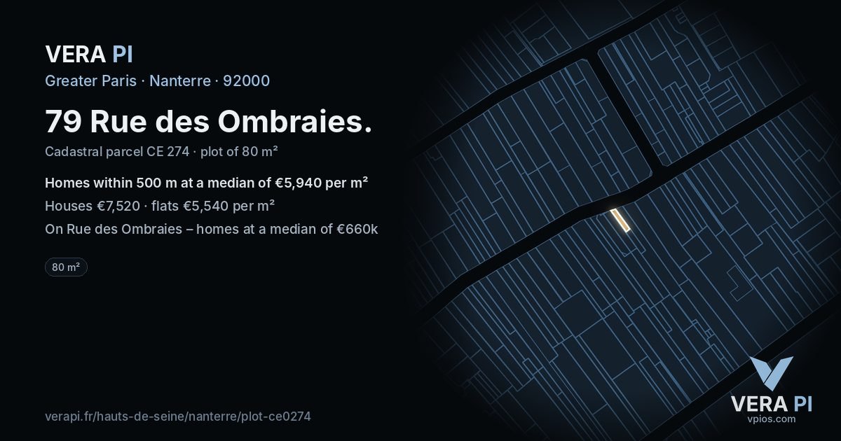 79 Rue des Ombraies, Nanterre at night – the plot lit, the parcels around coloured by the prices near them