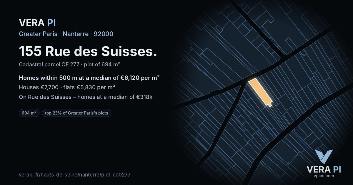 155 Rue des Suisses, Nanterre at night – the plot lit, the parcels around coloured by the prices near them