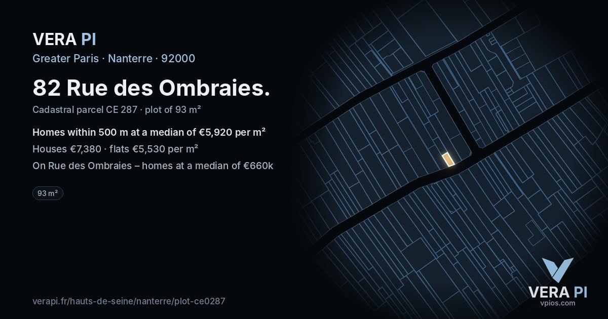 82 Rue des Ombraies, Nanterre at night – the plot lit, the parcels around coloured by the prices near them