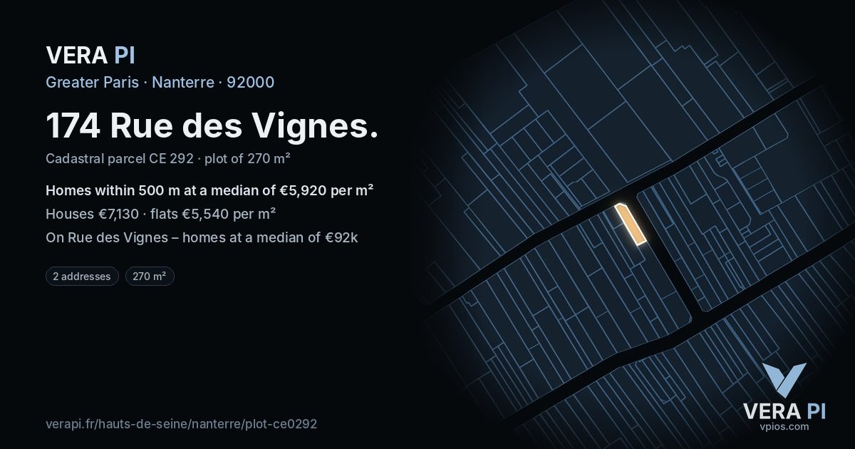 174 Rue des Vignes, Nanterre at night – the plot lit, the parcels around coloured by the prices near them