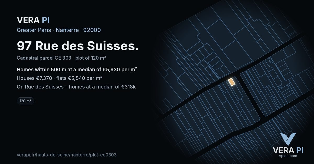 97 Rue des Suisses, Nanterre at night – the plot lit, the parcels around coloured by the prices near them