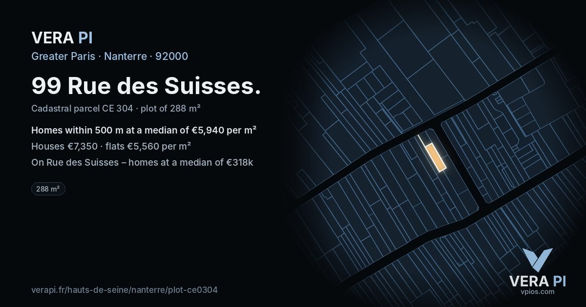 99 Rue des Suisses, Nanterre at night – the plot lit, the parcels around coloured by the prices near them