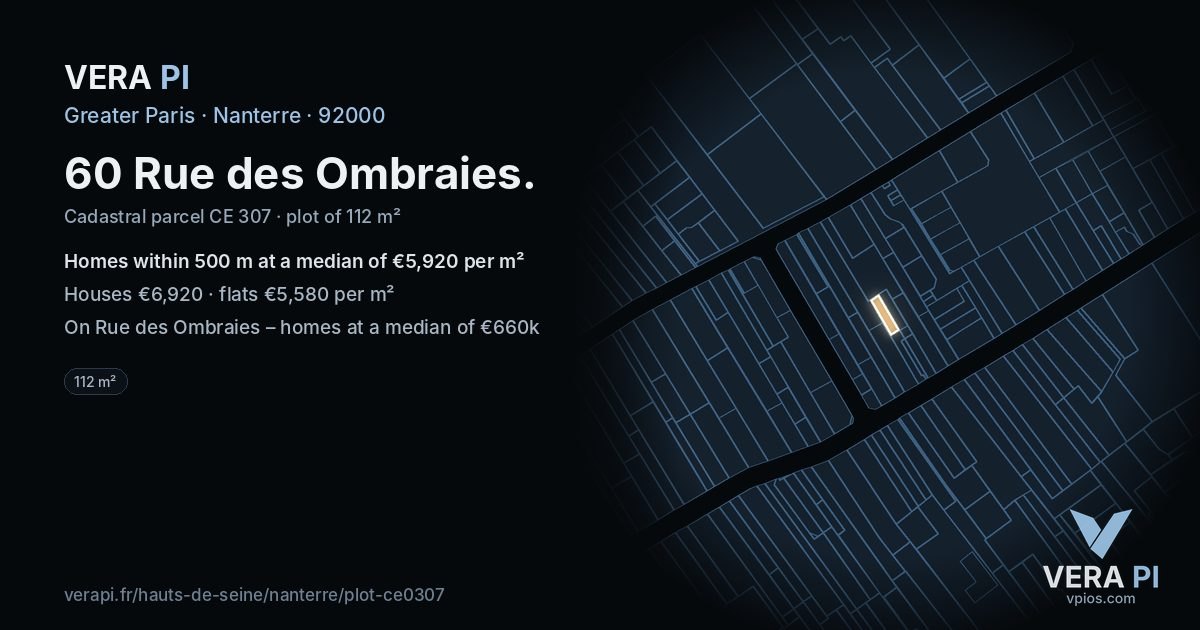 60 Rue des Ombraies, Nanterre at night – the plot lit, the parcels around coloured by the prices near them