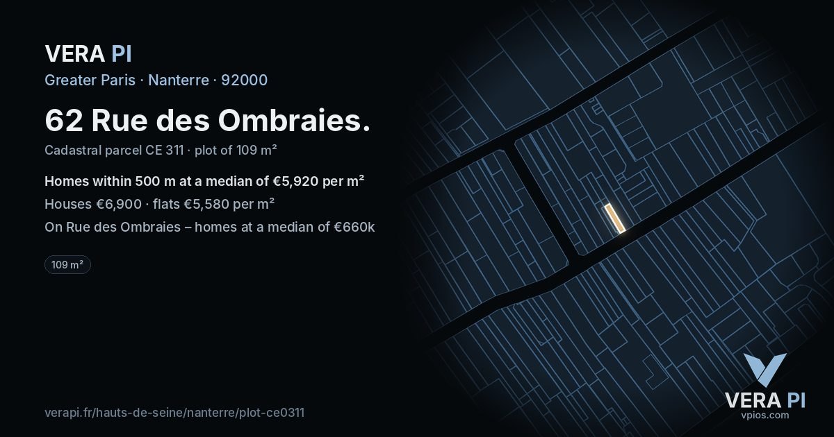 62 Rue des Ombraies, Nanterre at night – the plot lit, the parcels around coloured by the prices near them