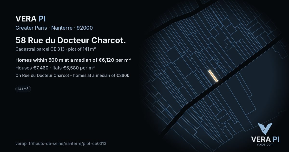 58 Rue du Docteur Charcot, Nanterre at night – the plot lit, the parcels around coloured by the prices near them