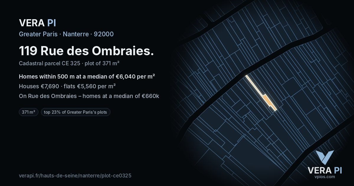 119 Rue des Ombraies, Nanterre at night – the plot lit, the parcels around coloured by the prices near them