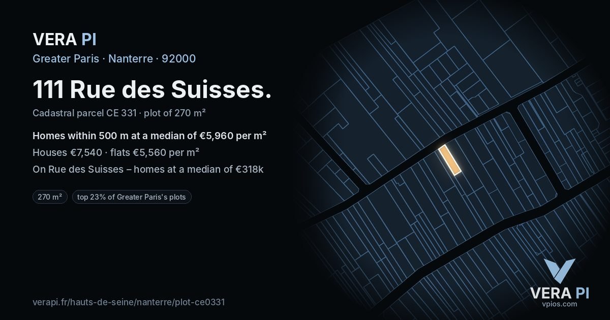 111 Rue des Suisses, Nanterre at night – the plot lit, the parcels around coloured by the prices near them