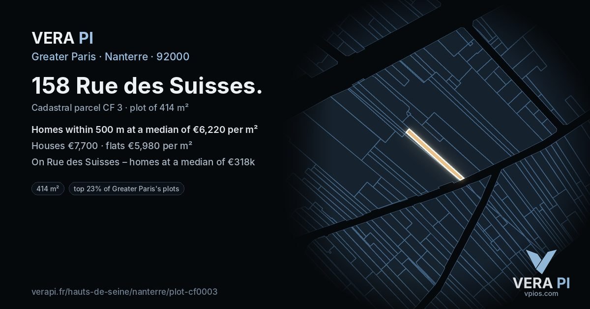 158 Rue des Suisses, Nanterre at night – the plot lit, the parcels around coloured by the prices near them