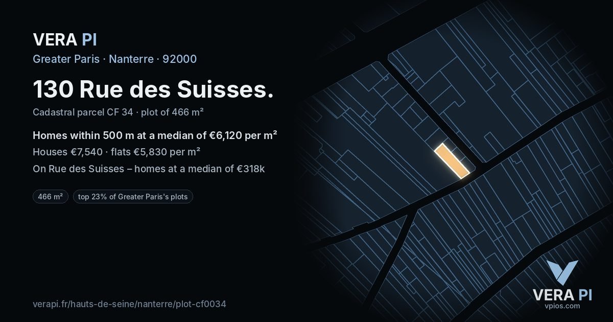 130 Rue des Suisses, Nanterre at night – the plot lit, the parcels around coloured by the prices near them
