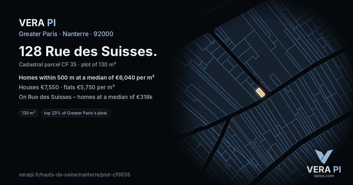 128 Rue des Suisses, Nanterre at night – the plot lit, the parcels around coloured by the prices near them