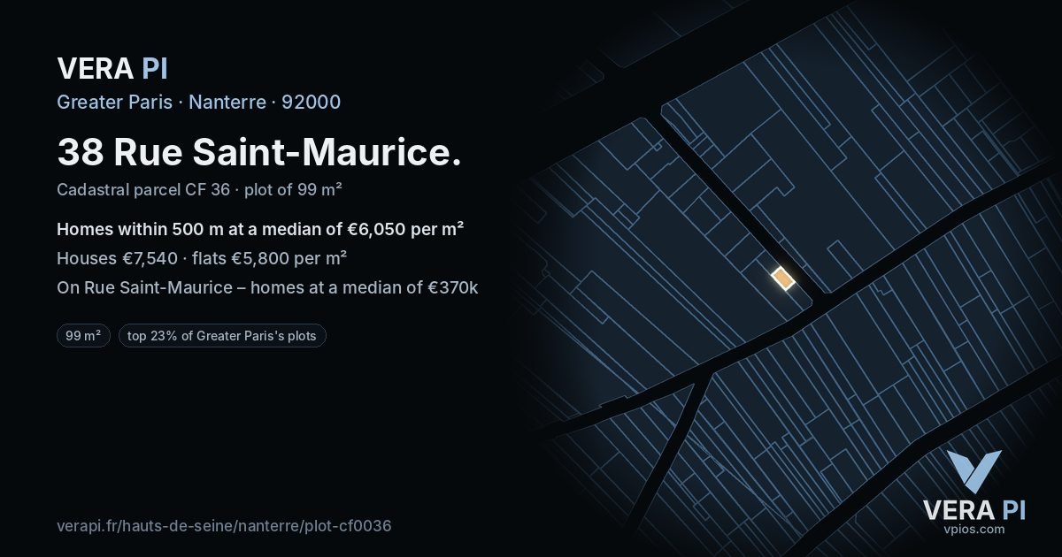 38 Rue Saint-Maurice, Nanterre at night – the plot lit, the parcels around coloured by the prices near them