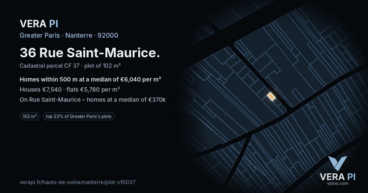 36 Rue Saint-Maurice, Nanterre at night – the plot lit, the parcels around coloured by the prices near them
