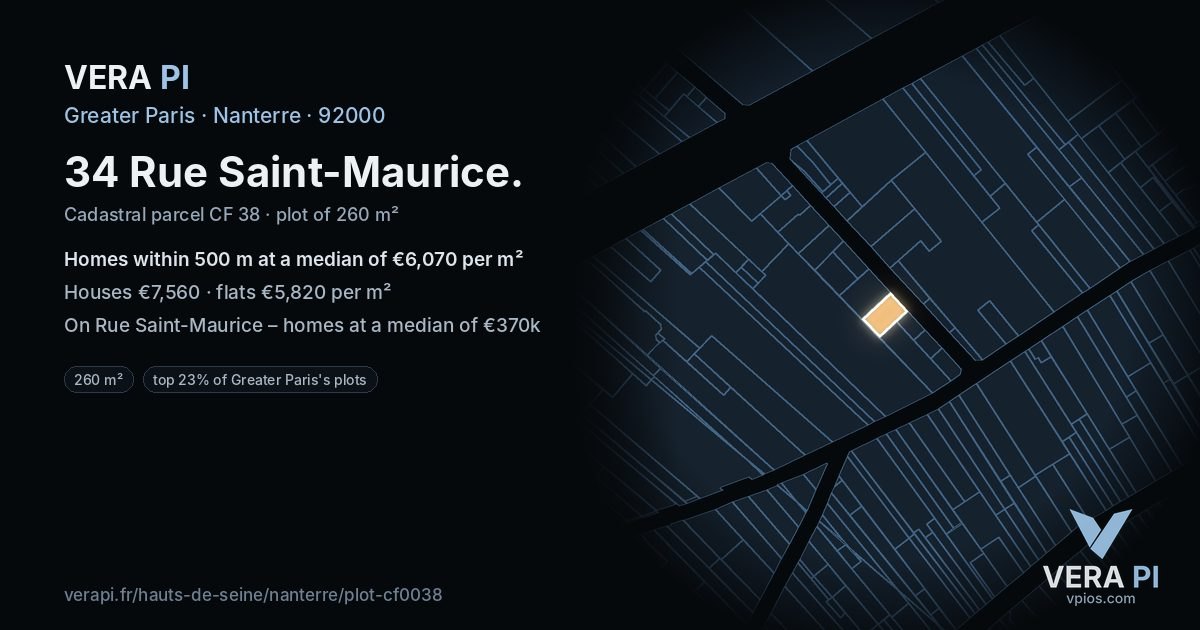 34 Rue Saint-Maurice, Nanterre at night – the plot lit, the parcels around coloured by the prices near them