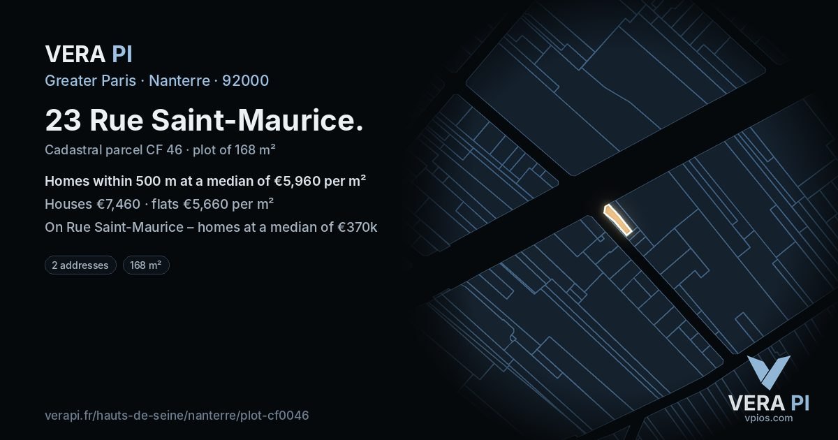 23 Rue Saint-Maurice, Nanterre at night – the plot lit, the parcels around coloured by the prices near them