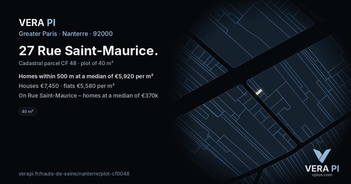 27 Rue Saint-Maurice, Nanterre at night – the plot lit, the parcels around coloured by the prices near them