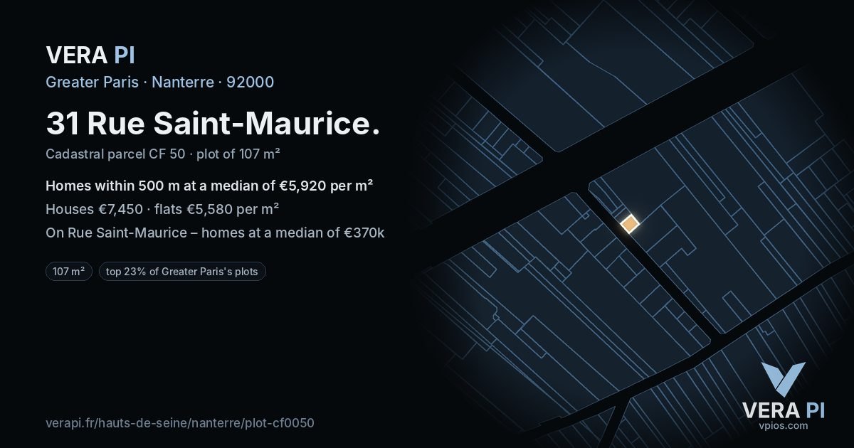 31 Rue Saint-Maurice, Nanterre at night – the plot lit, the parcels around coloured by the prices near them