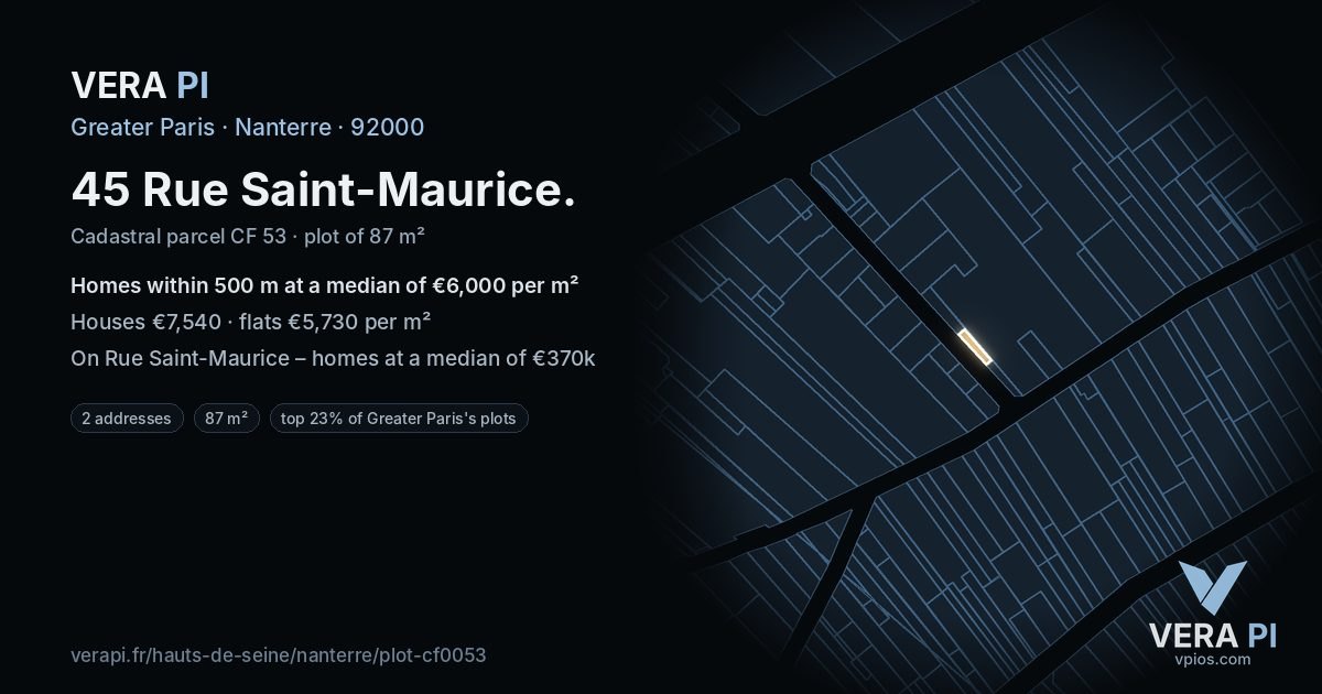 45 Rue Saint-Maurice, Nanterre at night – the plot lit, the parcels around coloured by the prices near them