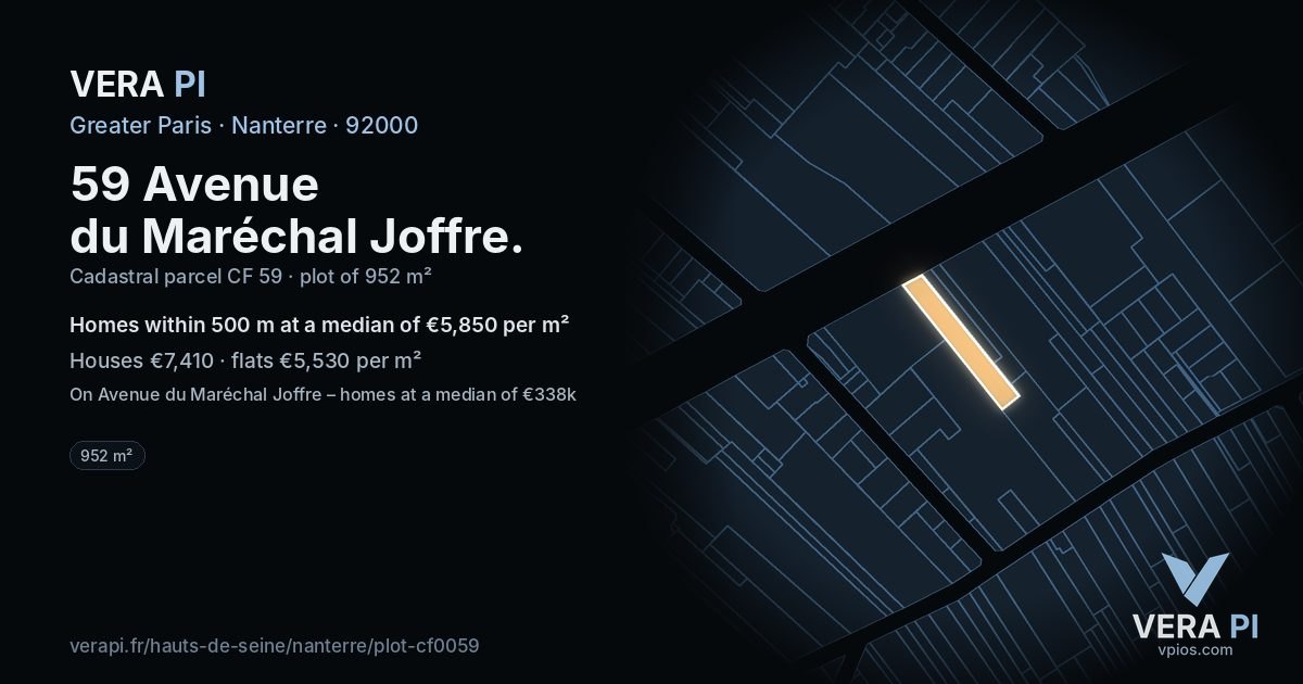 59 Avenue du Maréchal Joffre, Nanterre at night – the plot lit, the parcels around coloured by the prices near them