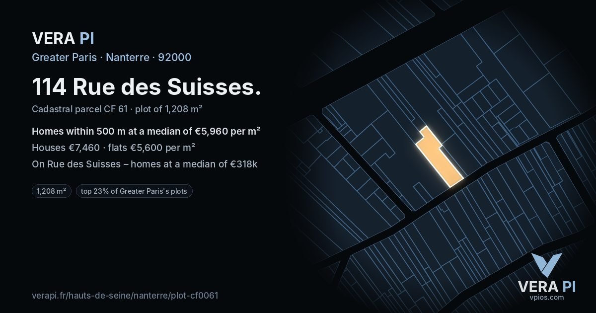 114 Rue des Suisses, Nanterre at night – the plot lit, the parcels around coloured by the prices near them