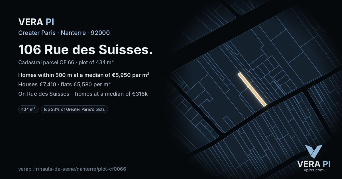 106 Rue des Suisses, Nanterre at night – the plot lit, the parcels around coloured by the prices near them