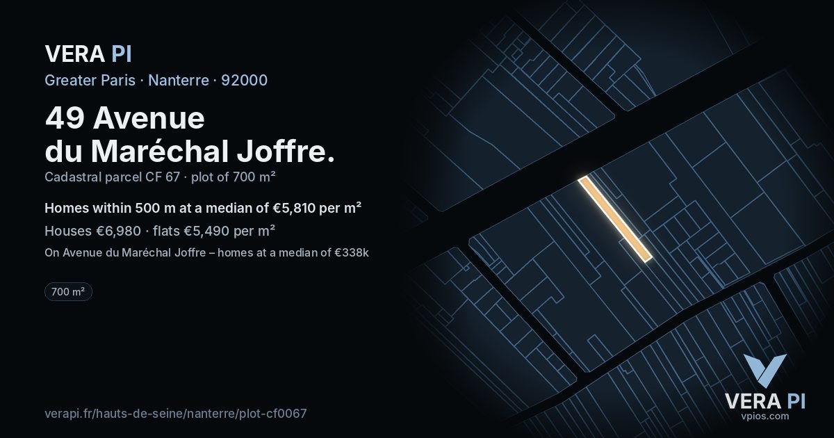 49 Avenue du Maréchal Joffre, Nanterre at night – the plot lit, the parcels around coloured by the prices near them