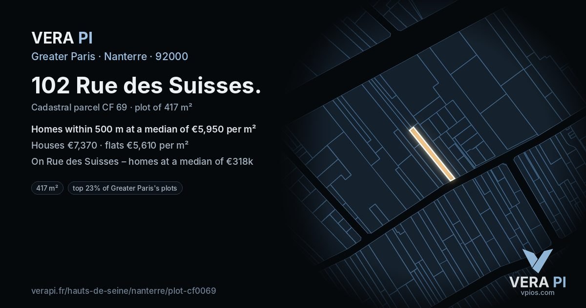 102 Rue des Suisses, Nanterre at night – the plot lit, the parcels around coloured by the prices near them