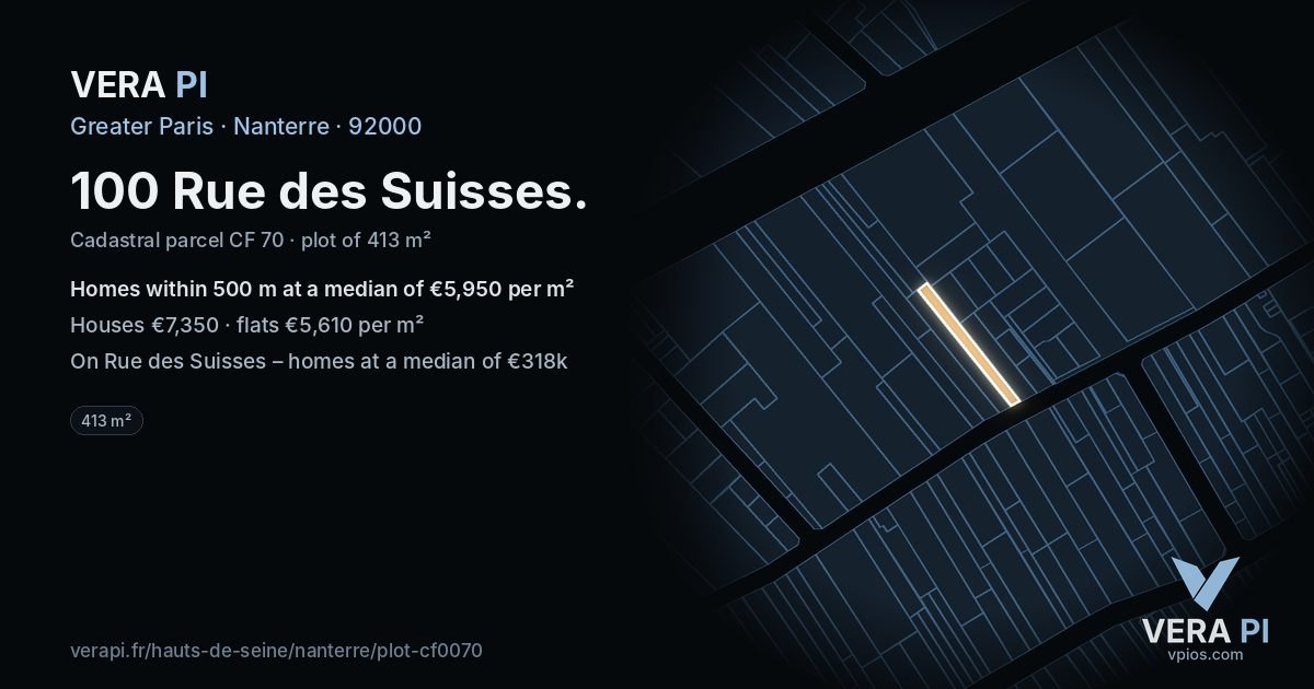 100 Rue des Suisses, Nanterre at night – the plot lit, the parcels around coloured by the prices near them