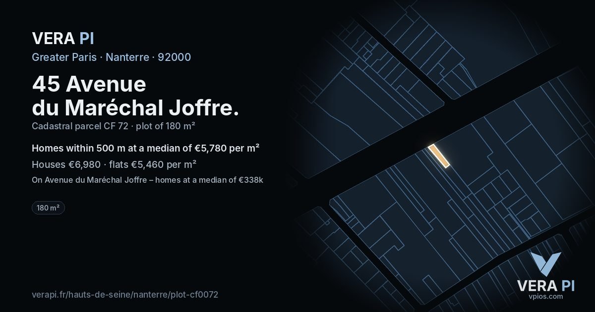 45 Avenue du Maréchal Joffre, Nanterre at night – the plot lit, the parcels around coloured by the prices near them