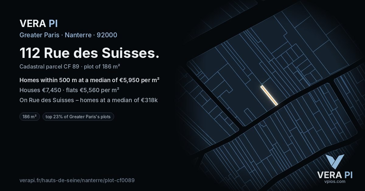 112 Rue des Suisses, Nanterre at night – the plot lit, the parcels around coloured by the prices near them