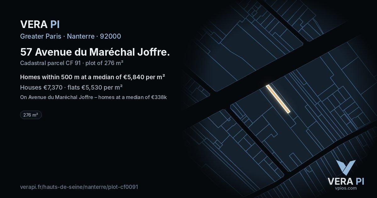 57 Avenue du Maréchal Joffre, Nanterre at night – the plot lit, the parcels around coloured by the prices near them