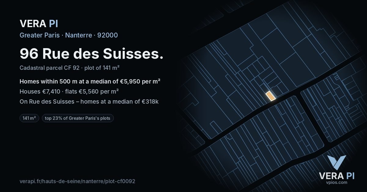 96 Rue des Suisses, Nanterre at night – the plot lit, the parcels around coloured by the prices near them