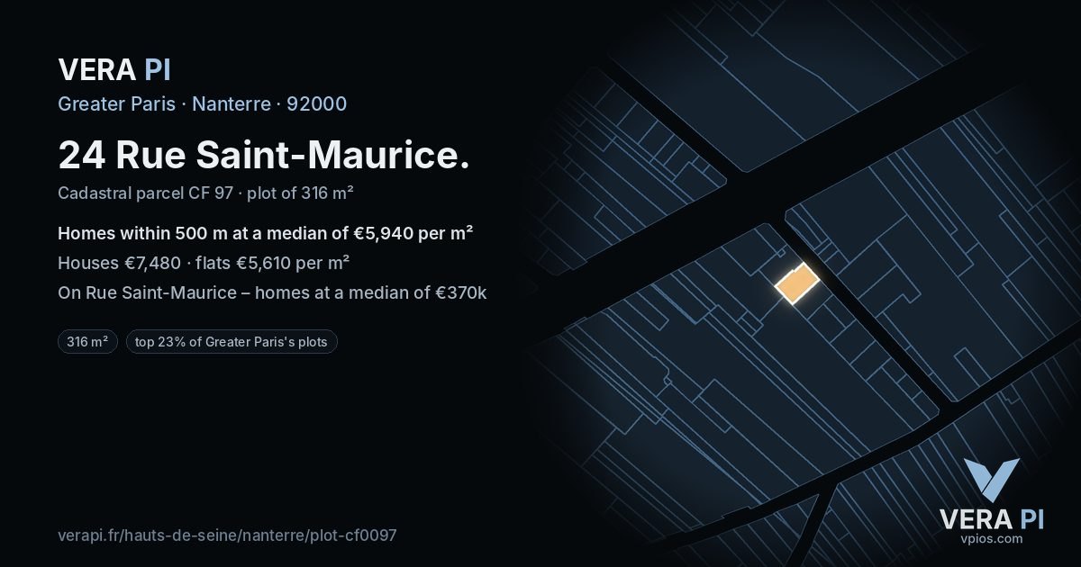 24 Rue Saint-Maurice, Nanterre at night – the plot lit, the parcels around coloured by the prices near them