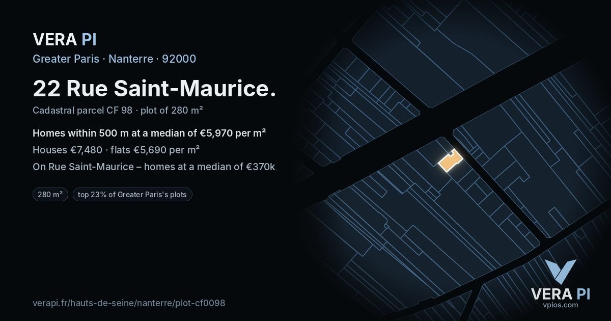 22 Rue Saint-Maurice, Nanterre at night – the plot lit, the parcels around coloured by the prices near them