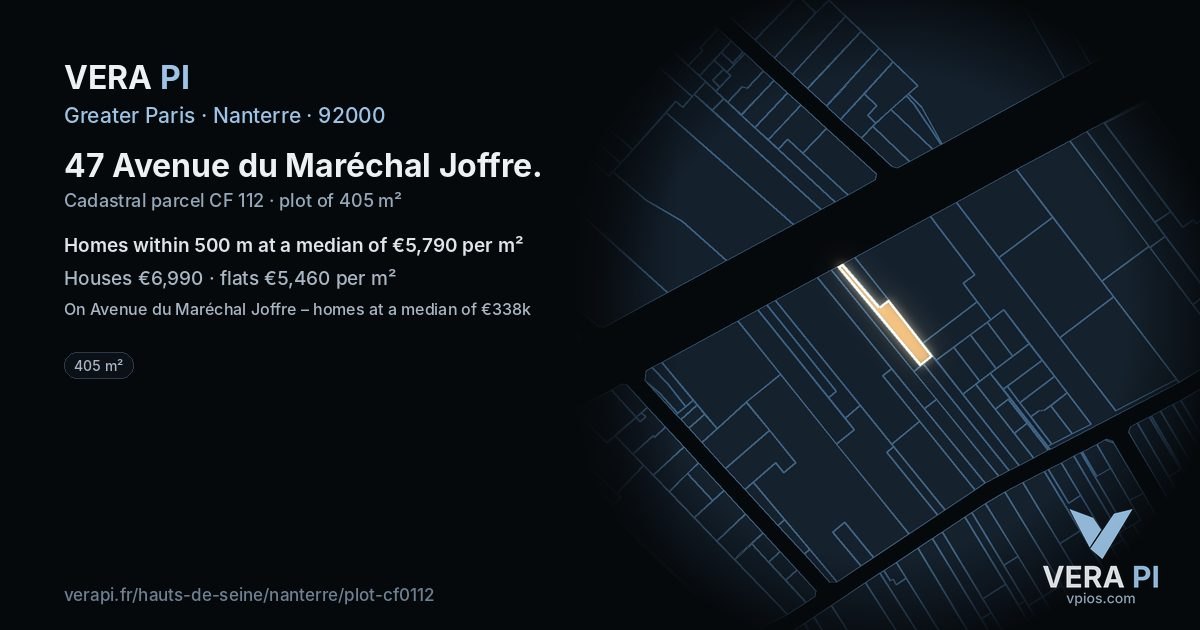 47 Avenue du Maréchal Joffre, Nanterre at night – the plot lit, the parcels around coloured by the prices near them