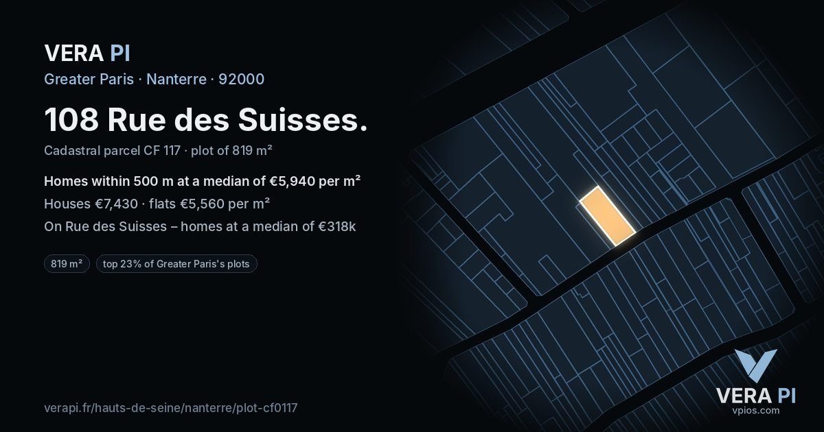 108 Rue des Suisses, Nanterre at night – the plot lit, the parcels around coloured by the prices near them