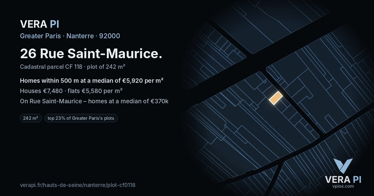 26 Rue Saint-Maurice, Nanterre at night – the plot lit, the parcels around coloured by the prices near them