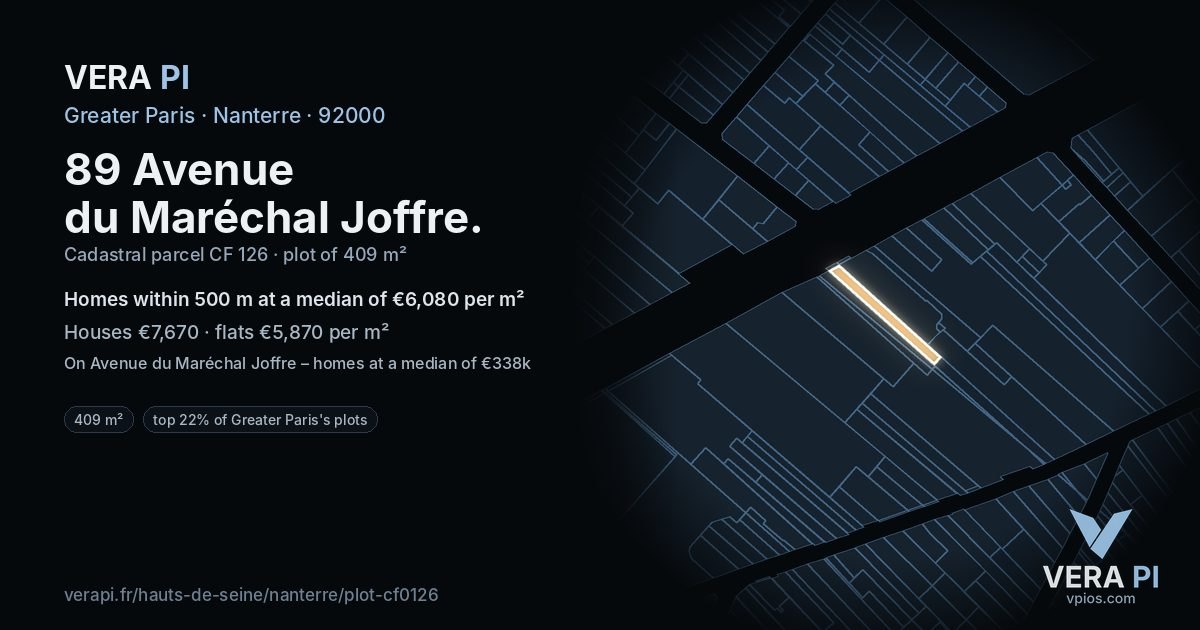 89 Avenue du Maréchal Joffre, Nanterre at night – the plot lit, the parcels around coloured by the prices near them