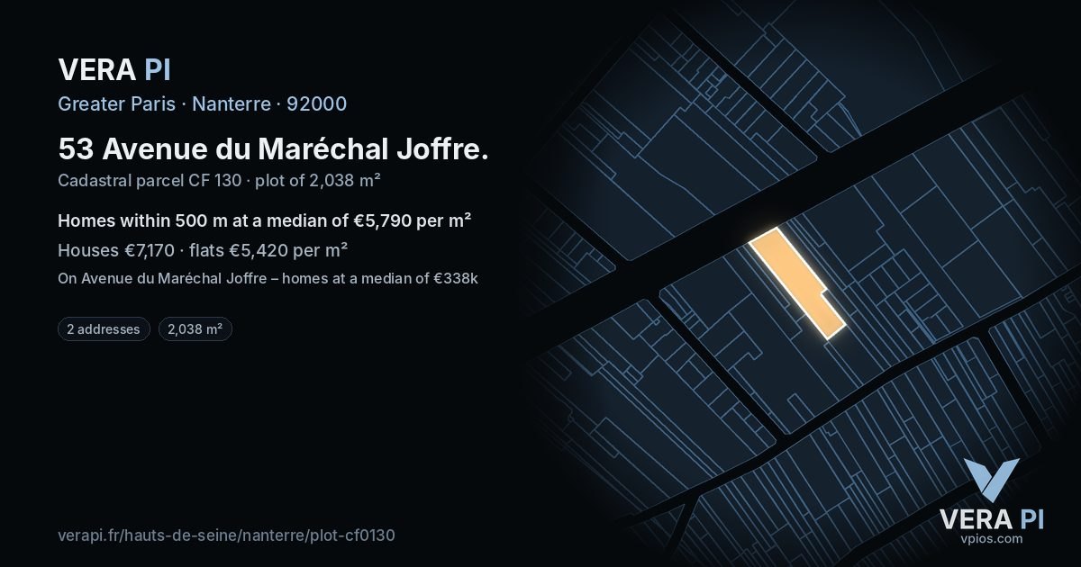 53 Avenue du Maréchal Joffre, Nanterre at night – the plot lit, the parcels around coloured by the prices near them