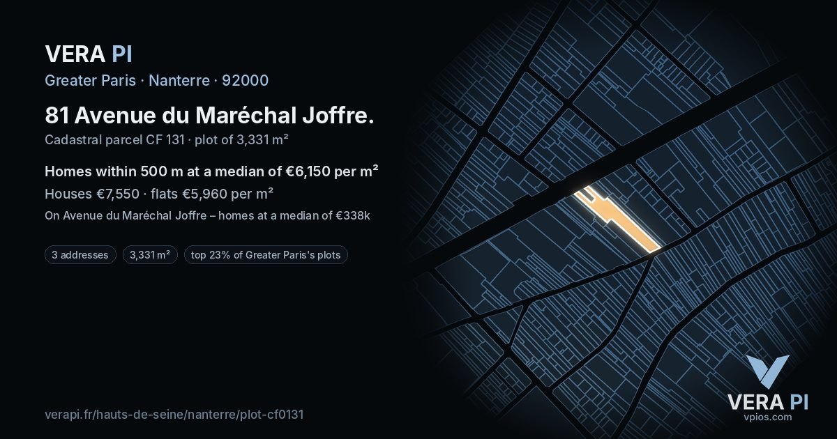 81 Avenue du Maréchal Joffre, Nanterre at night – the plot lit, the parcels around coloured by the prices near them