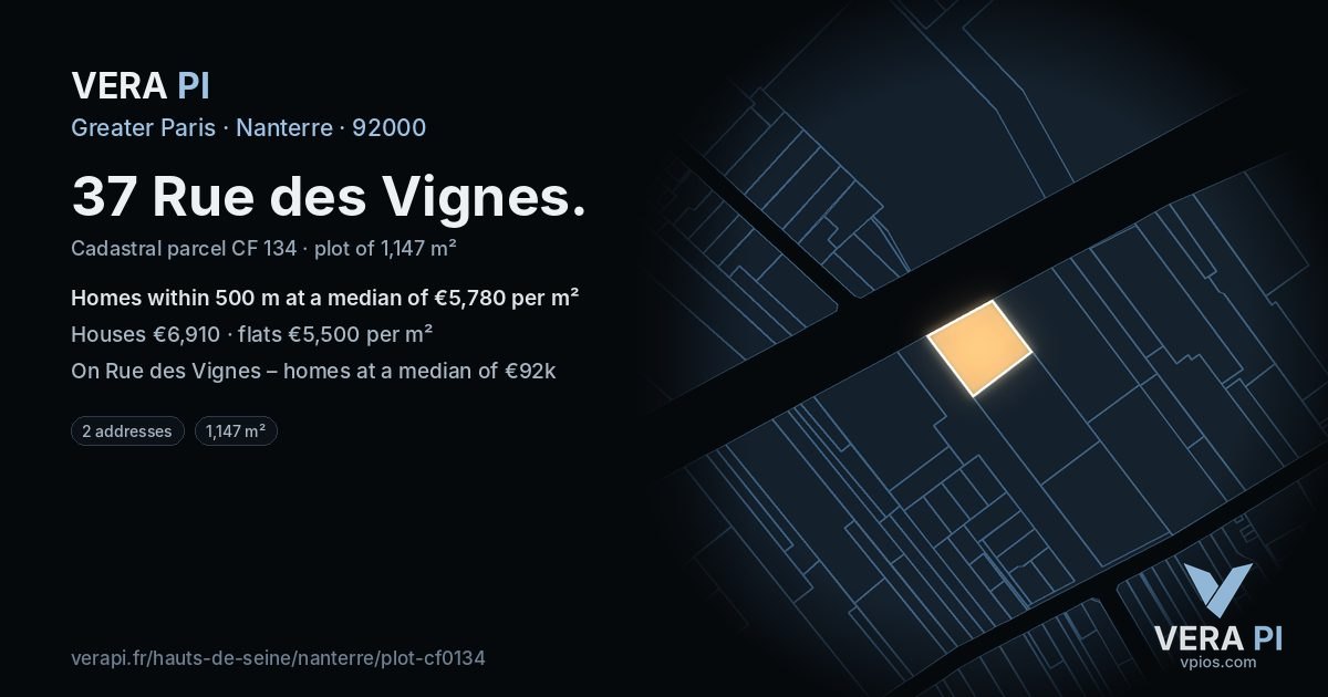37 Rue des Vignes, Nanterre at night – the plot lit, the parcels around coloured by the prices near them