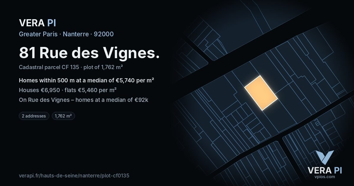 81 Rue des Vignes, Nanterre at night – the plot lit, the parcels around coloured by the prices near them
